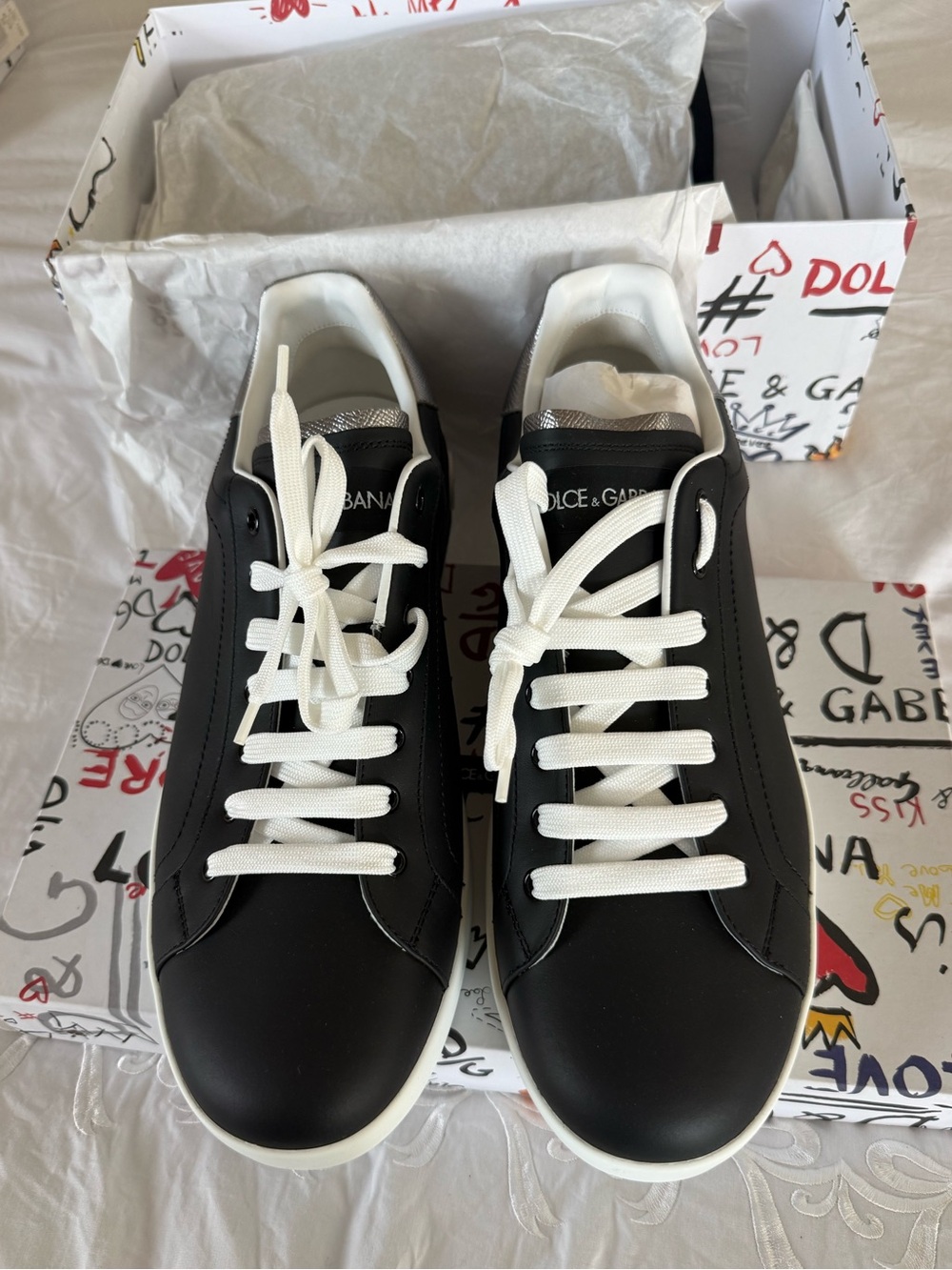 Dolce & Gabbana Black Leather Low-Top Sneakers with White Accents